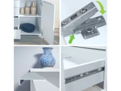 Aparador Linio V2 – Mueble moderno con 2 puertas y 4 cajones, blanco mate/mezclilla mate, 166,5 x 75,5 x 35 cm (An x Al x P) – Mueble auxiliar buffet armario