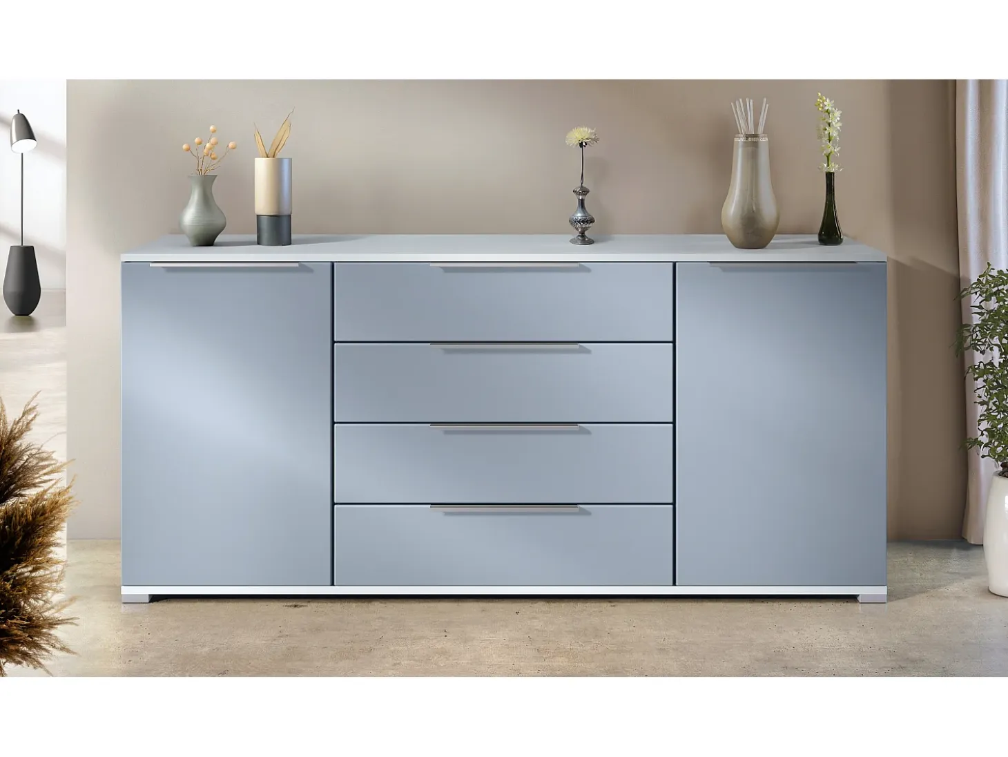 Aparador Linio V2 – Mueble moderno con 2 puertas y 4 cajones, blanco mate/mezclilla mate, 166,5 x 75,5 x 35 cm (An x Al x P) – Mueble auxiliar buffet armario