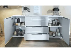 Aparador Linio V2 – Mueble moderno con 2 puertas y 4 cajones, blanco mate/antracita mate, 166,5 x 75,5 x 35 cm (An x Al x P) – Mueble auxiliar buffet armario