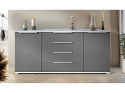 Aparador Linio V2 – Mueble moderno con 2 puertas y 4 cajones, blanco mate/antracita mate, 166,5 x 75,5 x 35 cm (An x Al x P) – Mueble auxiliar buffet armario