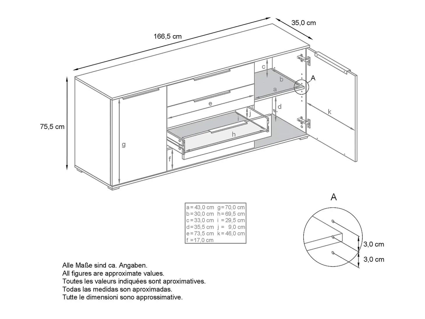 Aparador Linio V2 – Mueble moderno con 2 puertas y 4 cajones, blanco mate/negro de alto brillo, 166,5 x 75,5 x 35 cm (An x Al x P) – Mueble auxiliar buffet armario