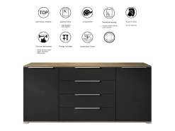 Aparador Linio V2 – Mueble moderno con 2 puertas y 4 cajones, Roble Evoke/blanco de alto brillo, 166,5 x 75,5 x 35 cm (An x Al x P) – Mueble auxiliar buffet armario