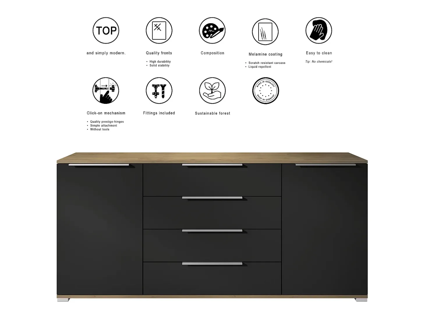 Aparador Linio V2 – Mueble moderno con 2 puertas y 4 cajones, Roble Evoke/blanco de alto brillo, 166,5 x 75,5 x 35 cm (An x Al x P) – Mueble auxiliar buffet armario