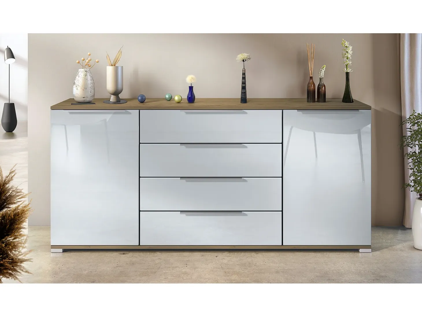 Aparador Linio V2 – Mueble moderno con 2 puertas y 4 cajones, Roble Evoke/blanco de alto brillo, 166,5 x 75,5 x 35 cm (An x Al x P) – Mueble auxiliar buffet armario