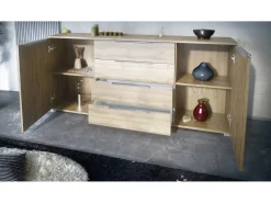 Aparador Linio V2 – Mueble moderno con 2 puertas y 4 cajones, Roble Evoke/blanco de alto brillo, 166,5 x 75,5 x 35 cm (An x Al x P) – Mueble auxiliar buffet armario