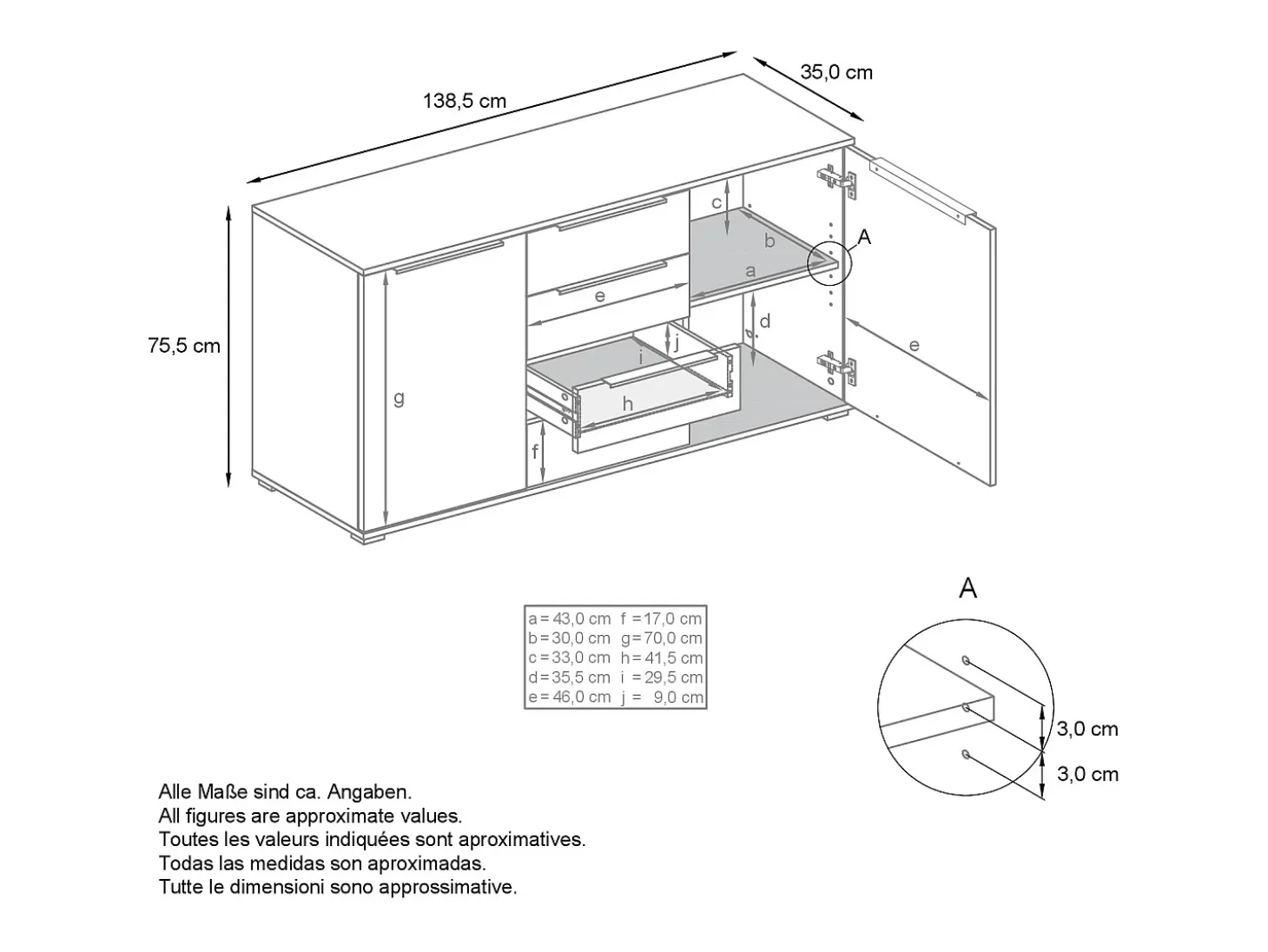 Aparador Linio V1, Mueble con 2 puertas y 4 cajones, Roble Evoke / antracita mate (138,5 x 75,5 x 35 cm)