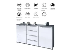 Aparador Linio V1, Mueble con 2 puertas y 4 cajones, antracita mate / mezclilla mate (138,5 x 75,5 x 35 cm)