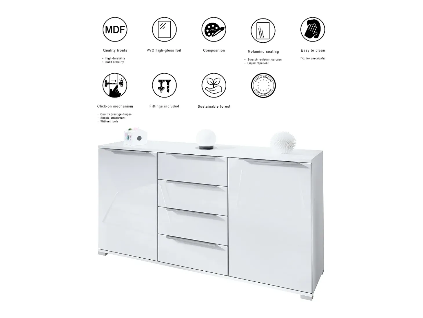 Aparador Linio V1, Mueble con 2 puertas y 4 cajones, blanco mate / gris arena de alto brillo (138,5 x 75,5 x 35 cm)