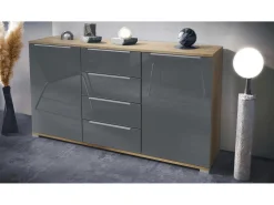 Aparador Linio V1, Mueble con 2 puertas y 4 cajones, Roble Evoke / gris de alto brillo (138,5 x 75,5 x 35 cm)