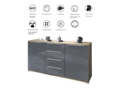 Aparador Linio V1, Mueble con 2 puertas y 4 cajones, Roble Evoke / gris de alto brillo (138,5 x 75,5 x 35 cm)