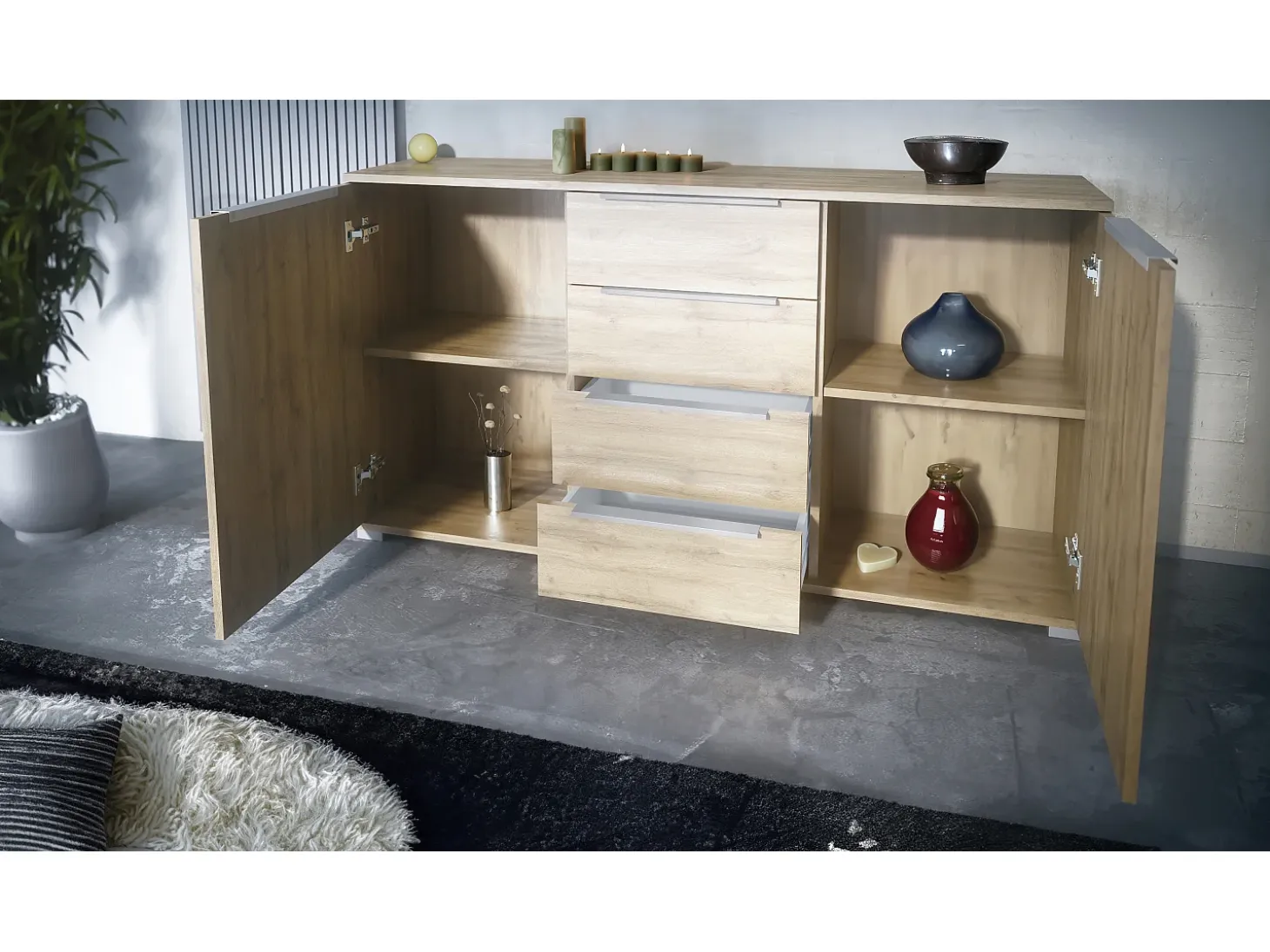 Aparador Linio V1, Mueble con 2 puertas y 4 cajones, Roble Evoke / gris de alto brillo (138,5 x 75,5 x 35 cm)
