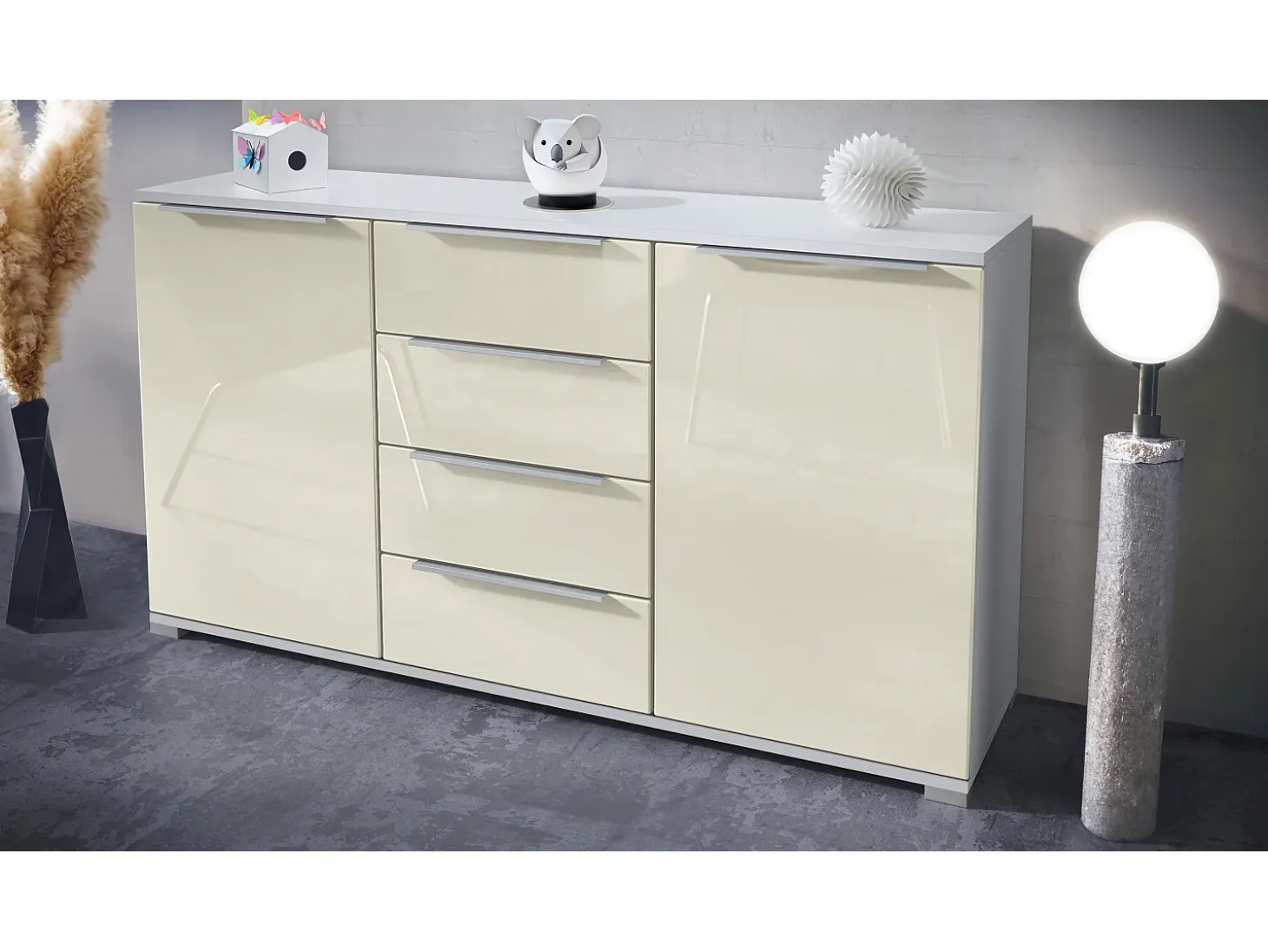Aparador Linio V1, Mueble con 2 puertas y 4 cajones, blanco mate / crema de alto brillo (138,5 x 75,5 x 35 cm)