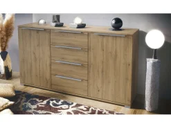 Aparador Linio V1, Mueble con 2 puertas y 4 cajones, Roble Evoke / Roble Evoke (138,5 x 75,5 x 35 cm)