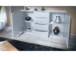 Aparador Linio V1, Mueble con 2 puertas y 4 cajones, blanco mate / negro mate (138,5 x 75,5 x 35 cm)