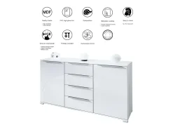 Aparador Linio V1, Mueble con 2 puertas y 4 cajones, blanco mate / negro mate (138,5 x 75,5 x 35 cm)