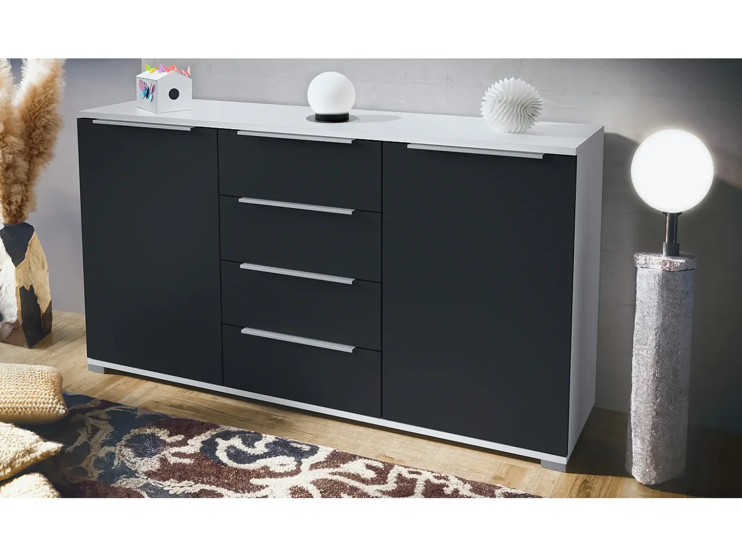 Aparador Linio V1, Mueble con 2 puertas y 4 cajones, blanco mate / negro mate (138,5 x 75,5 x 35 cm)