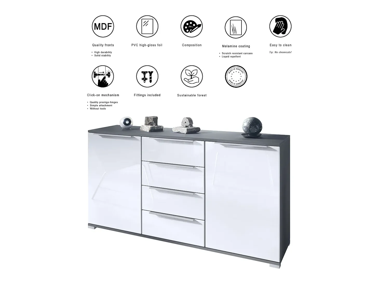 Aparador Linio V1, Mueble con 2 puertas y 4 cajones, antracita mate / grafito satinado (138,5 x 75,5 x 35 cm)