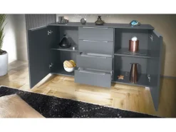 Aparador Linio V1, Mueble con 2 puertas y 4 cajones, antracita mate / grafito satinado (138,5 x 75,5 x 35 cm)