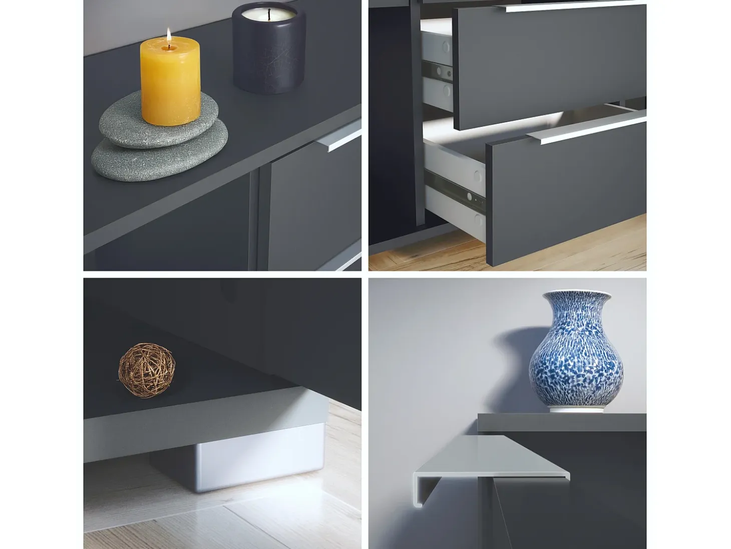 Aparador Linio V1, Mueble con 2 puertas y 4 cajones, antracita mate / grafito satinado (138,5 x 75,5 x 35 cm)