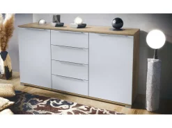 Aparador Linio V1, Mueble con 2 puertas y 4 cajones, Roble Evoke / blanco mate (138,5 x 75,5 x 35 cm)