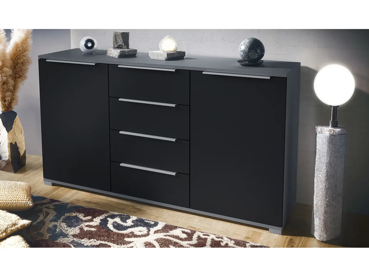 Aparador Linio V1, Mueble con 2 puertas y 4 cajones, antracita mate / negro mate (138,5 x 75,5 x 35 cm)