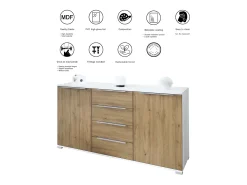 Aparador Linio V1, Mueble con 2 puertas y 4 cajones, blanco mate / Roble Evoke (138,5 x 75,5 x 35 cm)