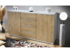 Aparador Linio V1, Mueble con 2 puertas y 4 cajones, blanco mate / Roble Evoke (138,5 x 75,5 x 35 cm)