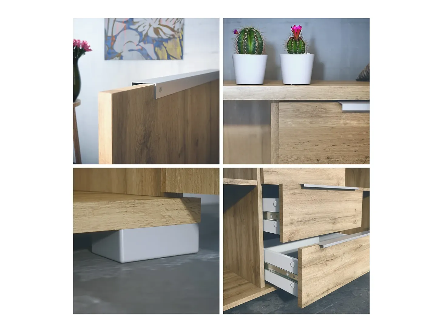 Aparador Linio V1, Mueble con 2 puertas y 4 cajones, Roble Evoke / negro de alto brillo (138,5 x 75,5 x 35 cm)