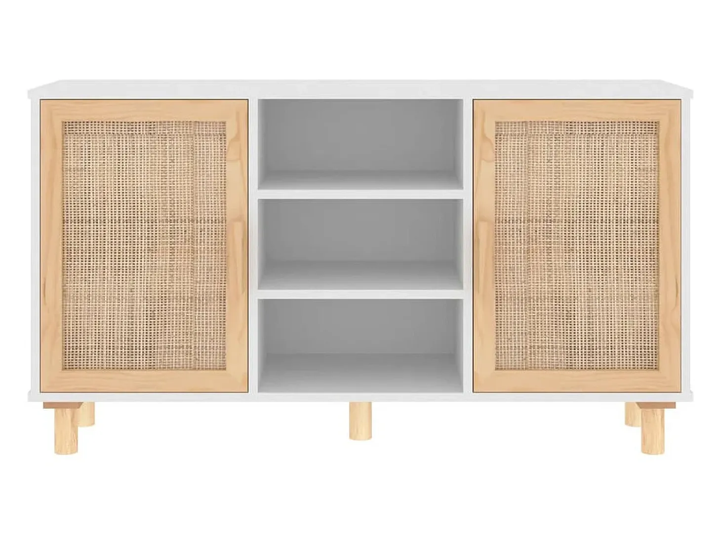Aparador madera maciza pino blanco ratán natural 105x30x60 cm ES76798