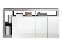Aparador Maestro efecto cemento y lacado blanco brillo 4 puertas - 184 x 42 x Alto 93 cm