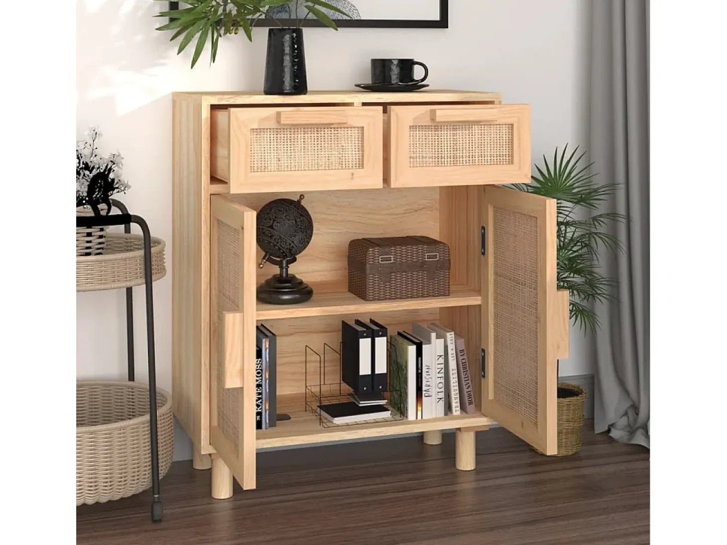 Aparador Marrón 60x30x75 cm Madera maciza de pino y ratán natural