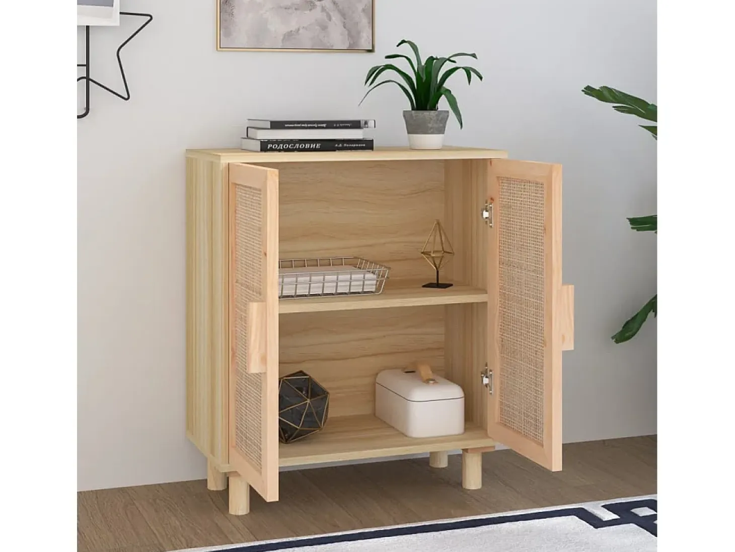 Aparador Marrón 60x30x70 cm Madera maciza de pino y ratán natural