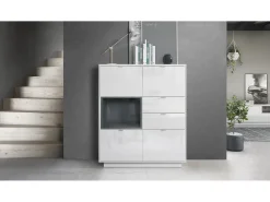 Aparador Metro, Carcasa en blanco alto brillo / Frente en blanco alto brillo con una inserción en gris alto brillo, incl. iluminación LED