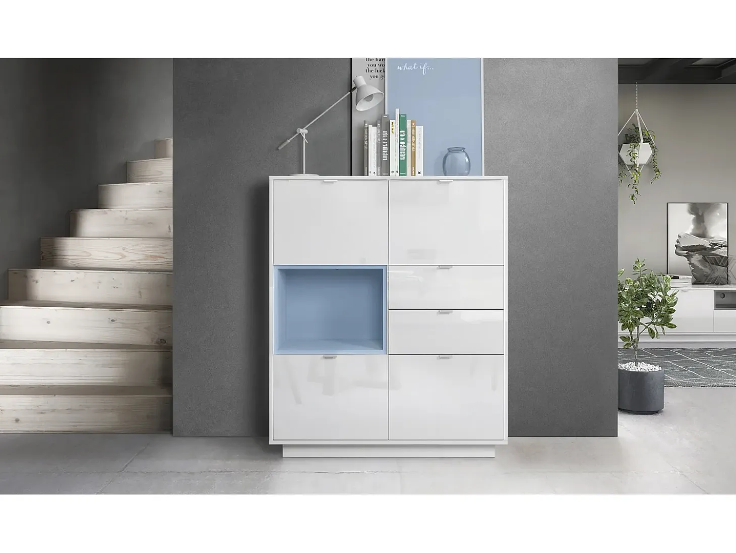 Aparador Metro, Carcasa en blanco alto brillo / Frente en blanco alto brillo con una inserción en denim mate