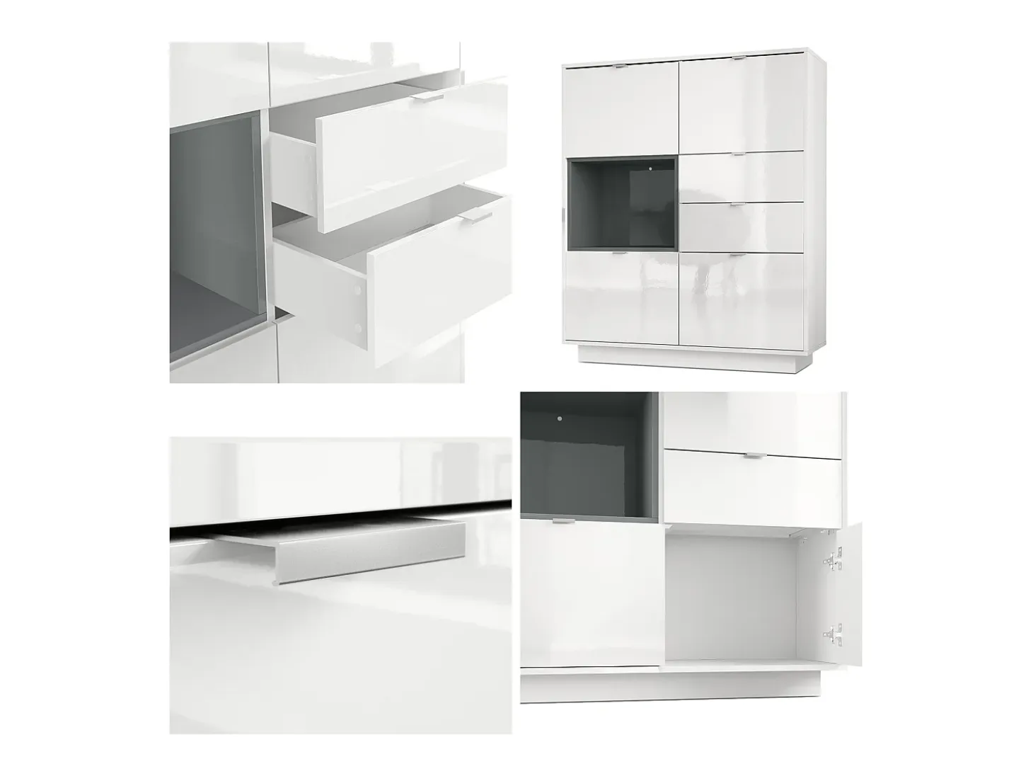 Aparador Metro, Carcasa en blanco alto brillo / Frente en blanco alto brillo con una inserción en denim mate