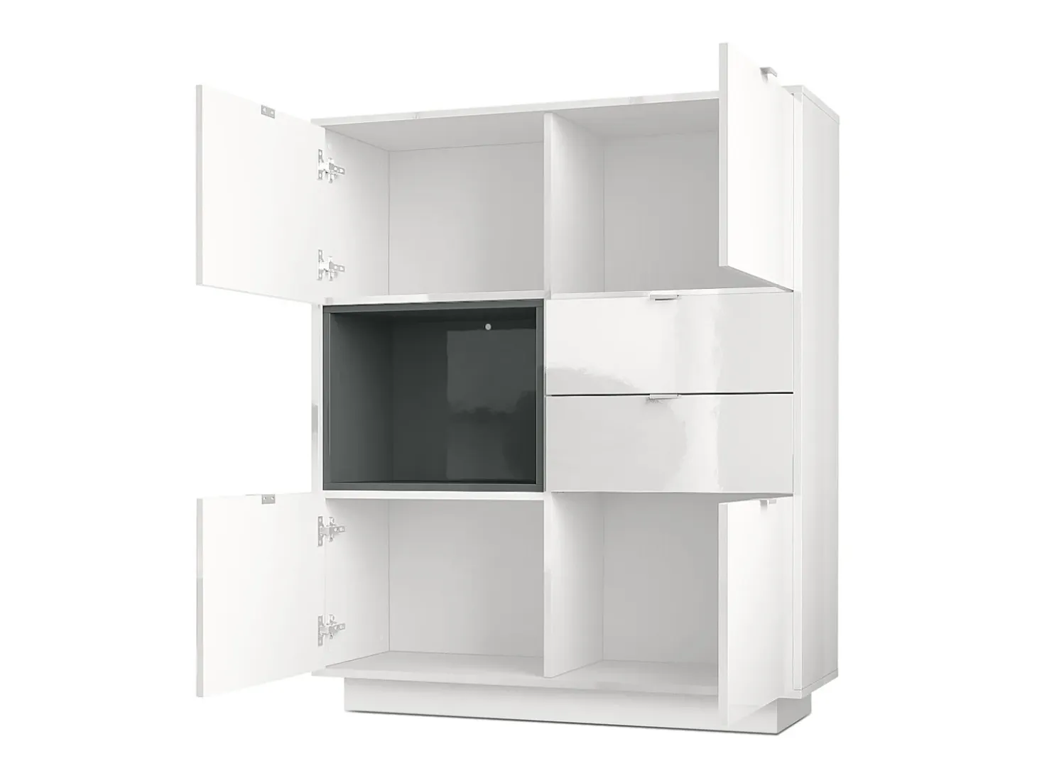 Aparador Metro, Carcasa en blanco alto brillo / Frente en blanco alto brillo con una inserción en denim mate