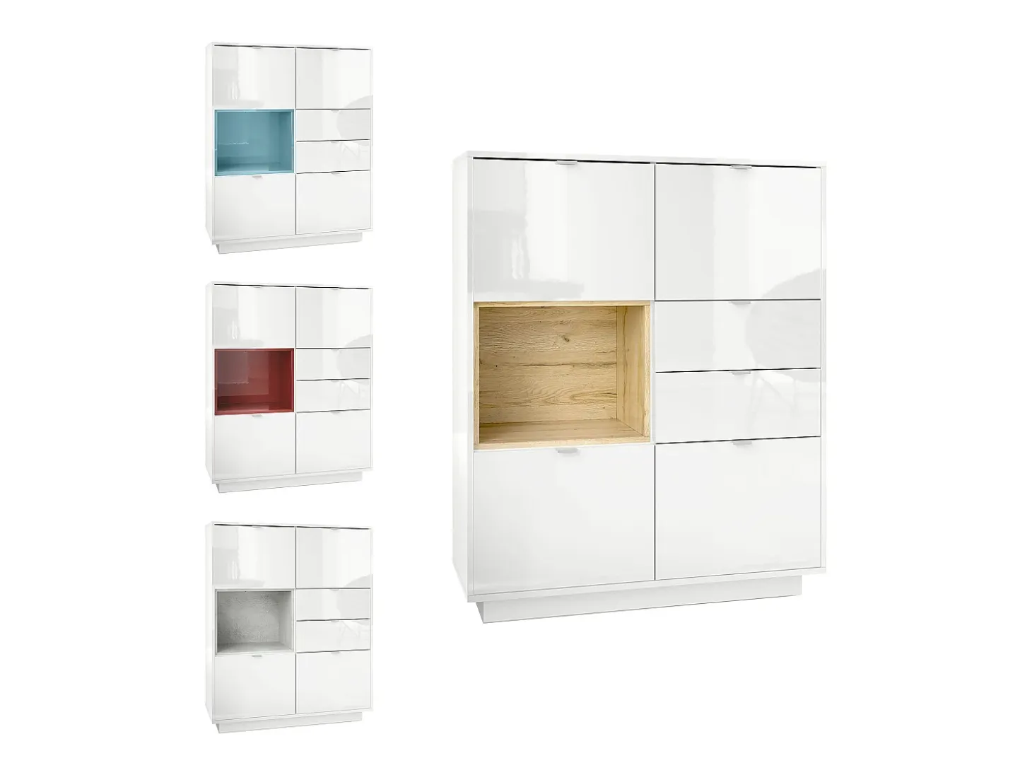 Aparador Metro, Carcasa en blanco alto brillo / Frente en blanco alto brillo con una inserción en denim mate