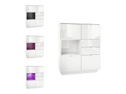 Aparador Metro, Carcasa en blanco alto brillo / Frente en blanco alto brillo con una inserción en gris hormigón óxido, incl. iluminación LED