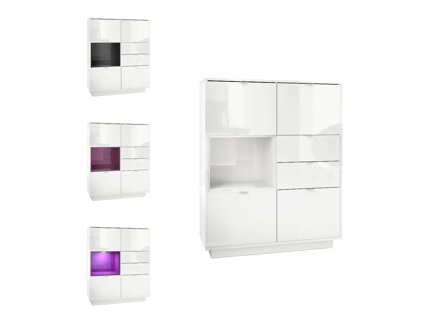 Aparador Metro, Carcasa en blanco alto brillo / Frente en blanco alto brillo con una inserción en frambuesa alto brillo, incl. iluminación LED