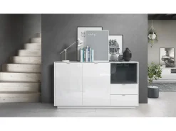 Aparador Metro, cuerpo en blanco de alto brillo, Frentes en blanco de alto brillo con inserción en compartimento abierto en gris de alto brillo