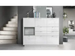 Aparador Metro V2, Carcasa en blanco alto brillo / Frente en blanco alto brillo con una inserción en gris hormigón oxidado, incl. iluminación LED