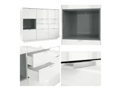 Aparador Metro V2, Carcasa en blanco alto brillo / Frente en blanco alto brillo con una inserción en denim mate, incl. iluminación LED