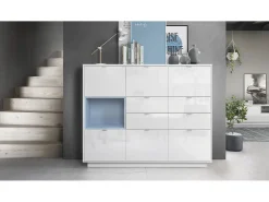Aparador Metro V2, Carcasa en blanco alto brillo / Frente en blanco alto brillo con una inserción en denim mate, incl. iluminación LED