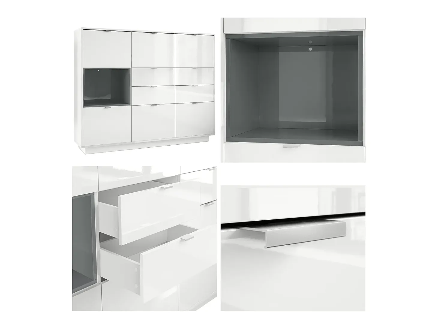 Aparador Metro V2, Carcasa en blanco alto brillo / Frente en blanco alto brillo con una inserción en blanco alto brillo, incl. iluminación LED