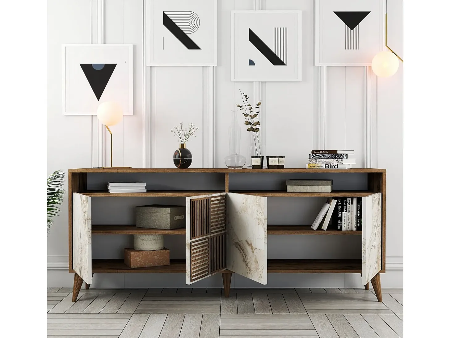 Aparador Milan 180 mármol blanco color nogal 180x35x78.6 cm