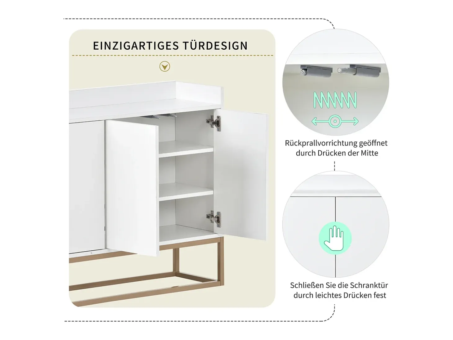 Aparador minimalista moderno con 4 puertas y estructura de metal para comedor, salón, cocina, Blanco, 120×30×80cm