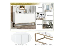 Aparador minimalista moderno con 4 puertas y estructura de metal para comedor, salón, cocina, Blanco, 120×30×80cm