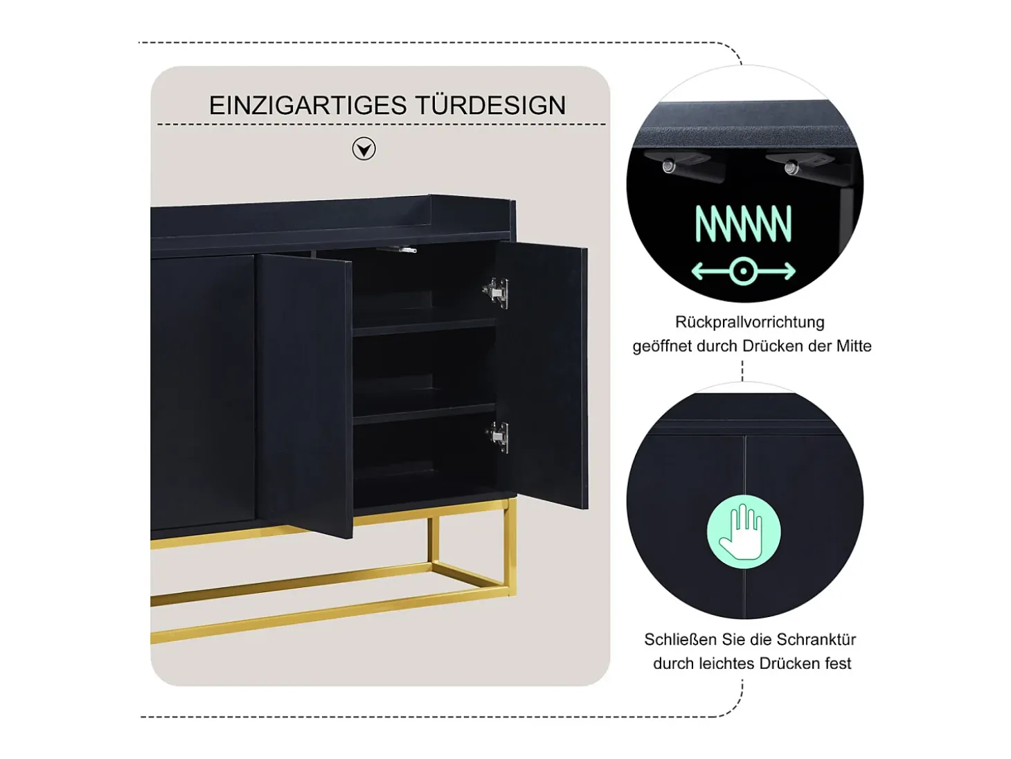 Aparador minimalista moderno de 4 puertas sin tiradores (negro)