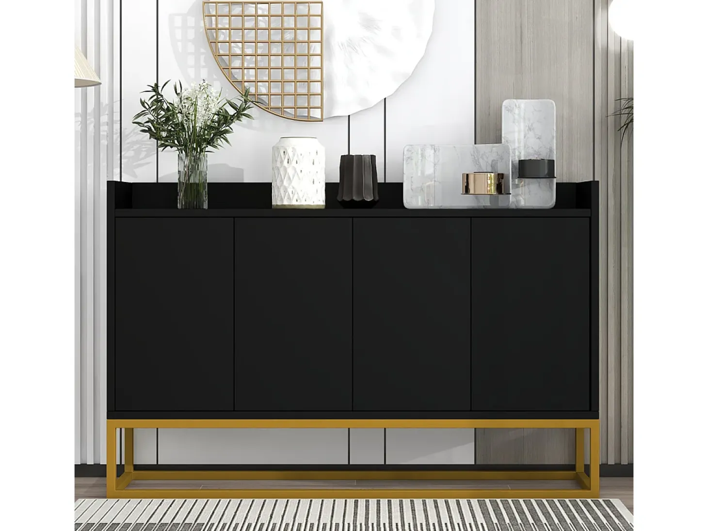 Aparador minimalista moderno de 4 puertas sin tiradores (negro)