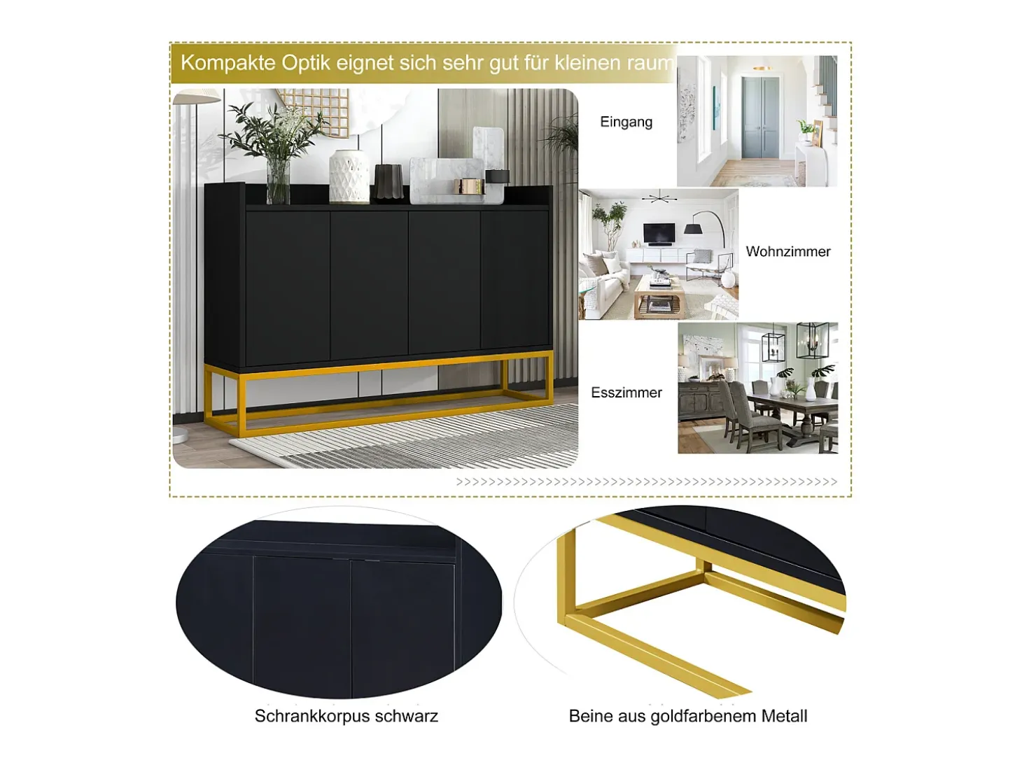 Aparador minimalista moderno de 4 puertas sin tiradores (negro)